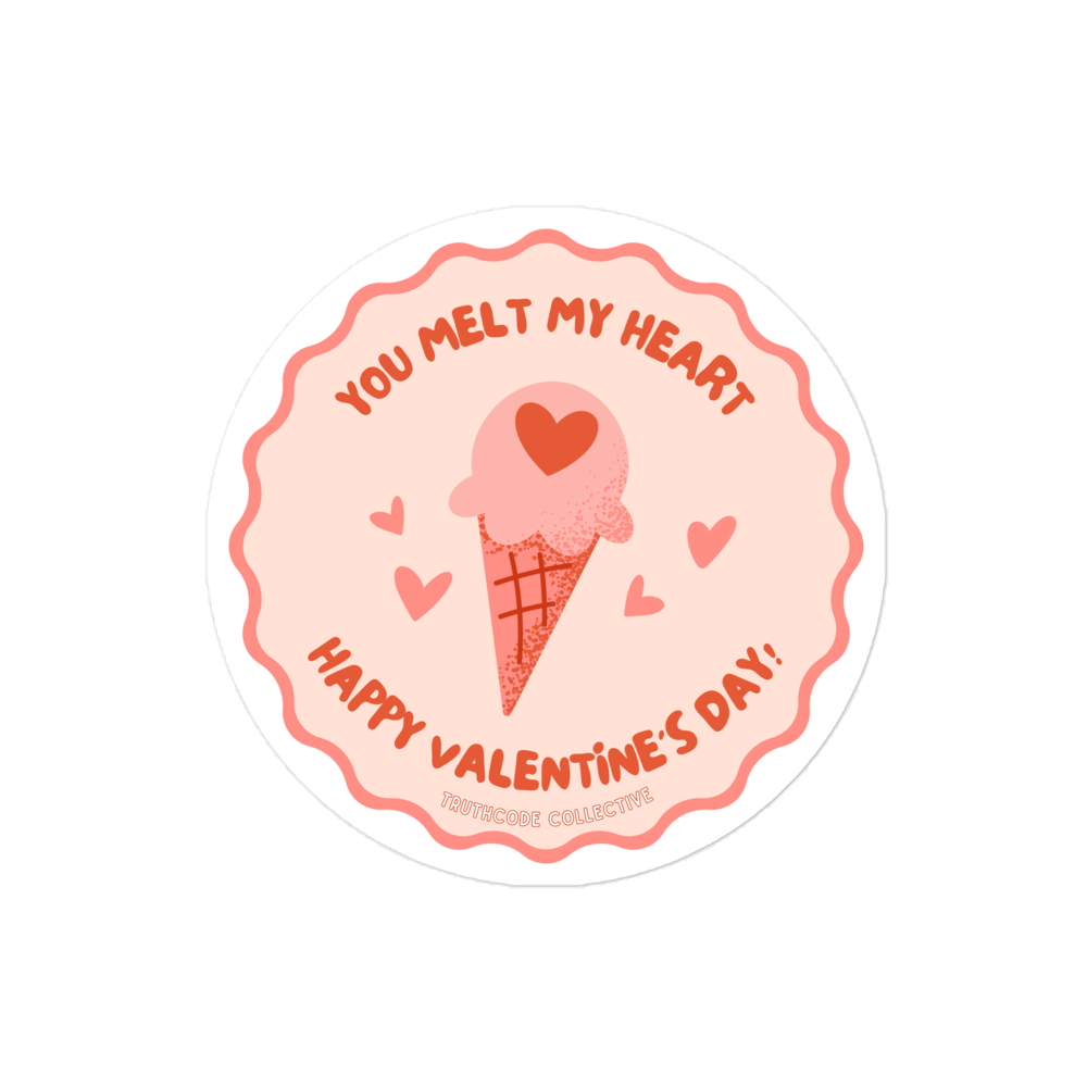 Valentine's Day sticker with ice cream cone and hearts and text 'You melt my heart, Happy Valentine's Day'  on a white background
