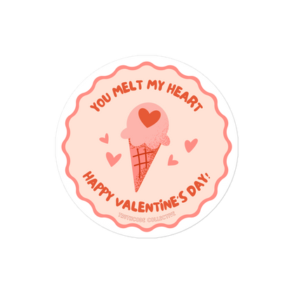 Valentine's Day sticker with ice cream cone and hearts and text 'You melt my heart, Happy Valentine's Day'  on a white background