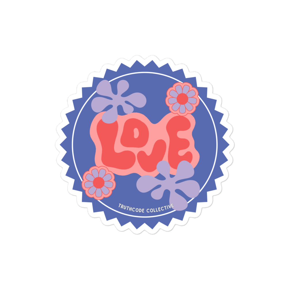 Sticker with 'LOVE' text and floral designs on a white background