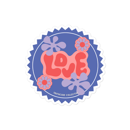 Sticker with 'LOVE' text and floral designs on a white background