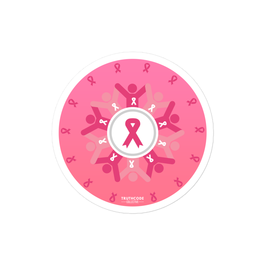 Pink circular design with breast cancer awareness symbols on a white background
