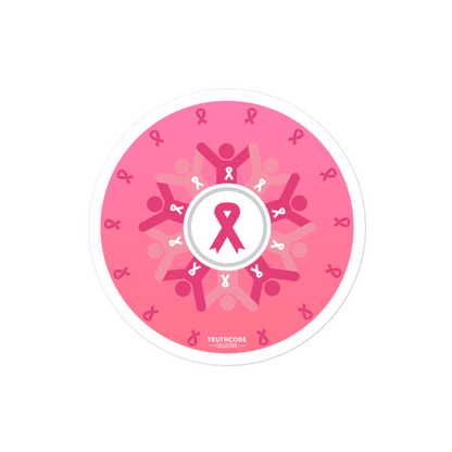 Pink circular design with breast cancer awareness symbols on a white background