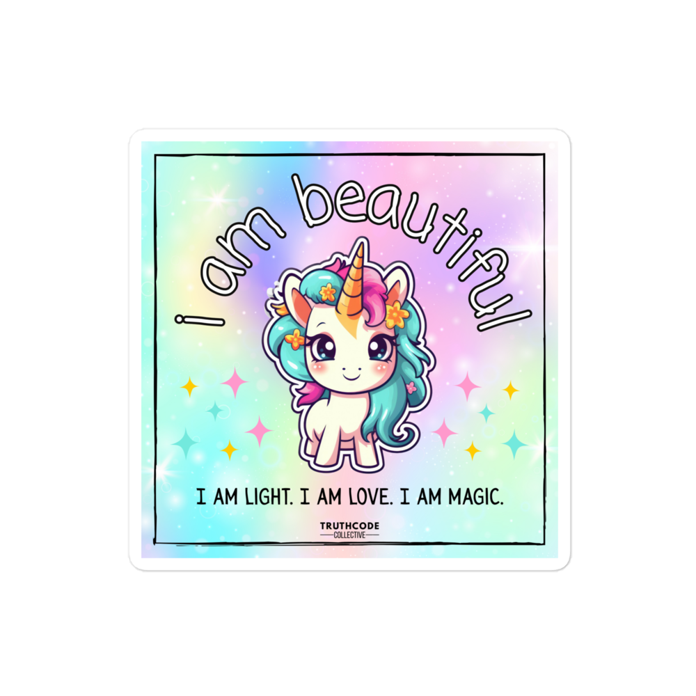 Sticker with a unicorn and motivational text 'I am beautiful. I am light. I am love. I am magic.' on a colorful gradient background