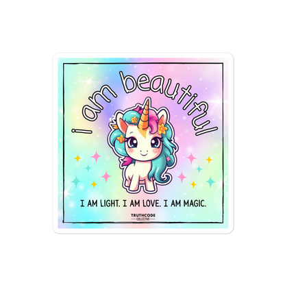 Sticker with a unicorn and motivational text 'I am beautiful. I am light. I am love. I am magic.' on a colorful gradient background