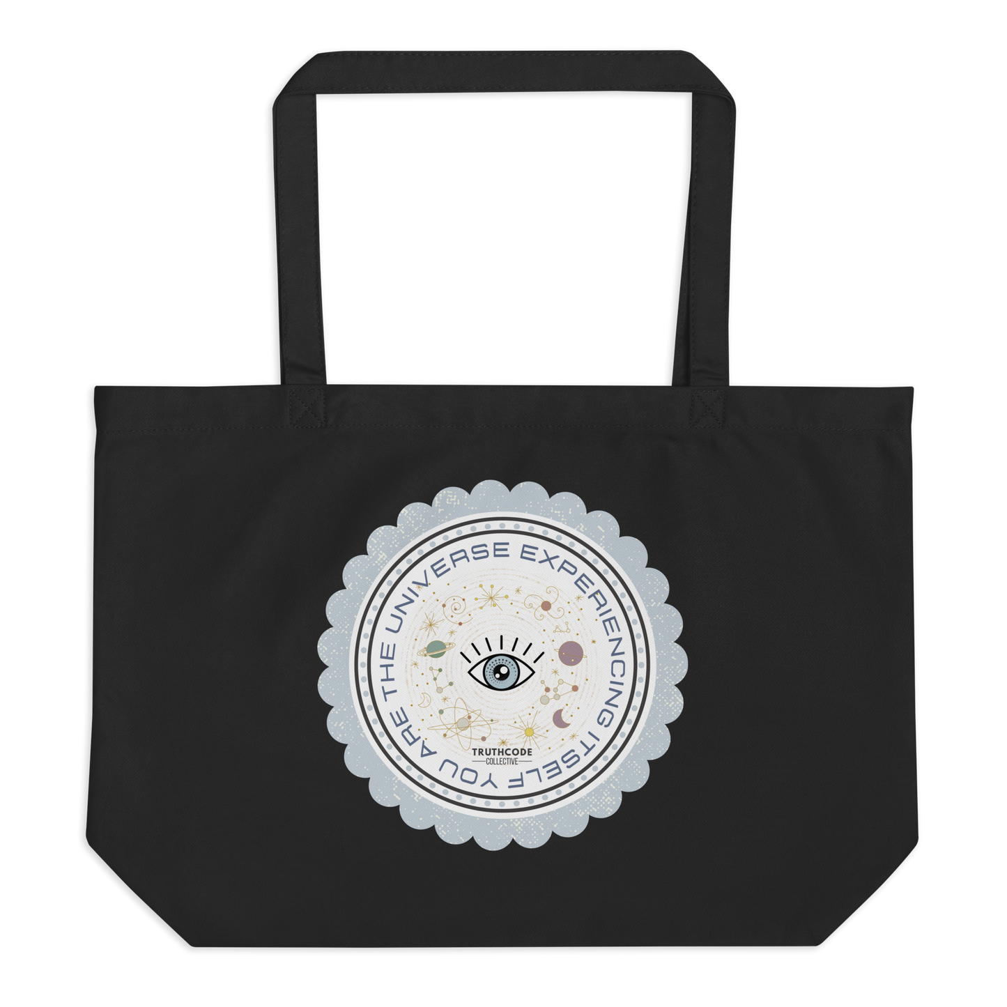 Black organic tote bag with a circular design featuring text 'You are the universe experiencing itself' and symbols on a white background