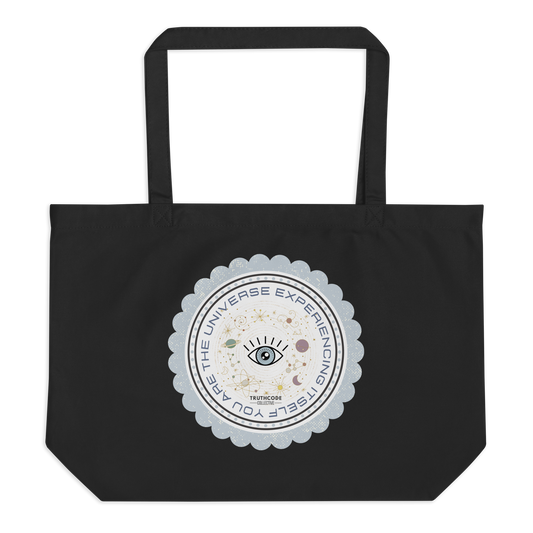Black organic tote bag with a circular design featuring text 'You are the universe experiencing itself' and symbols on a white background