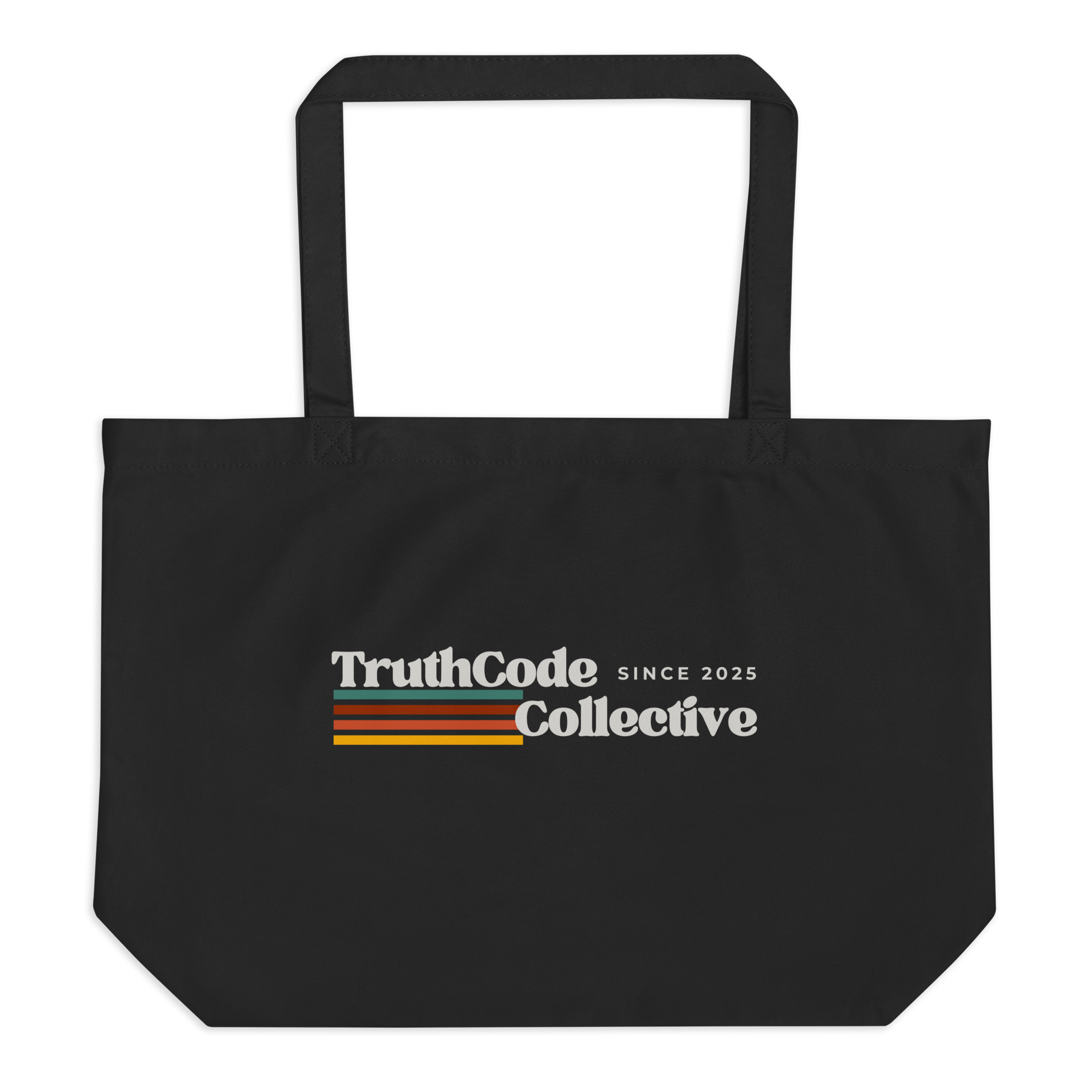 Black organic tote bag with retro 'TruthCode Collective' logo on a white background