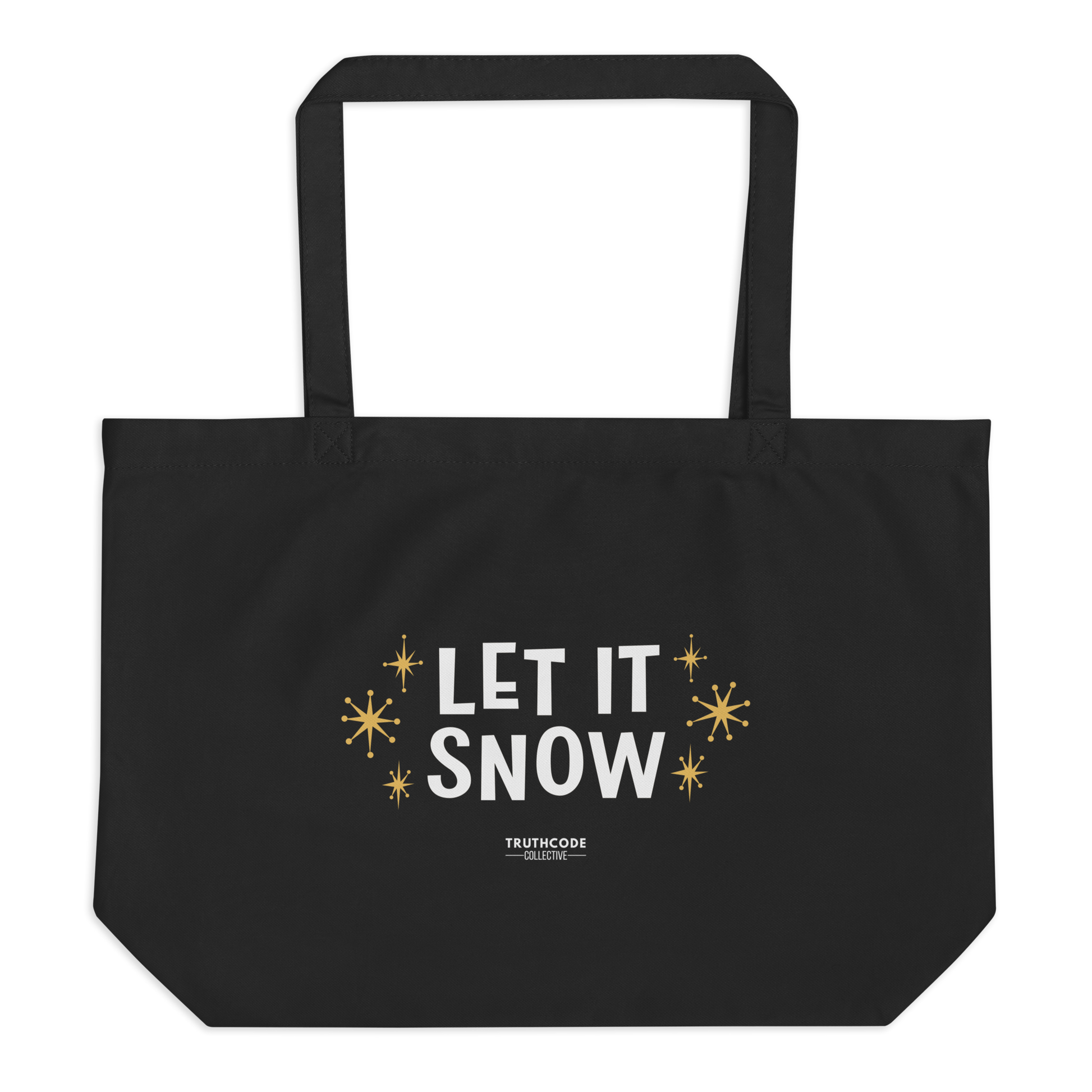 Black organic tote bag with 'Let It Snow' text and star designs on a white background