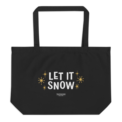 Black organic tote bag with 'Let It Snow' text and star designs on a white background