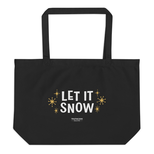 Black organic tote bag with 'Let It Snow' text and star designs on a white background