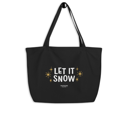 Black organic tote bag with 'Let It Snow' text and star designs on a white background