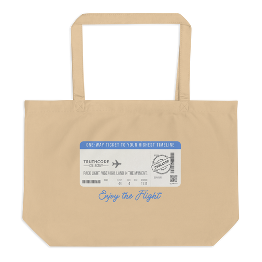 Beige organic tote bag with airline ticket graphic and text reading 'Enjoy the flight' on a white background