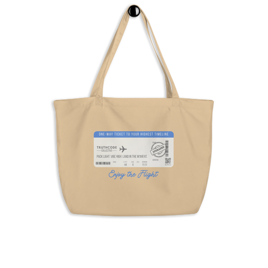 Beige organic tote bag with airline ticket graphic and text reading 'Enjoy the flight' on a white background