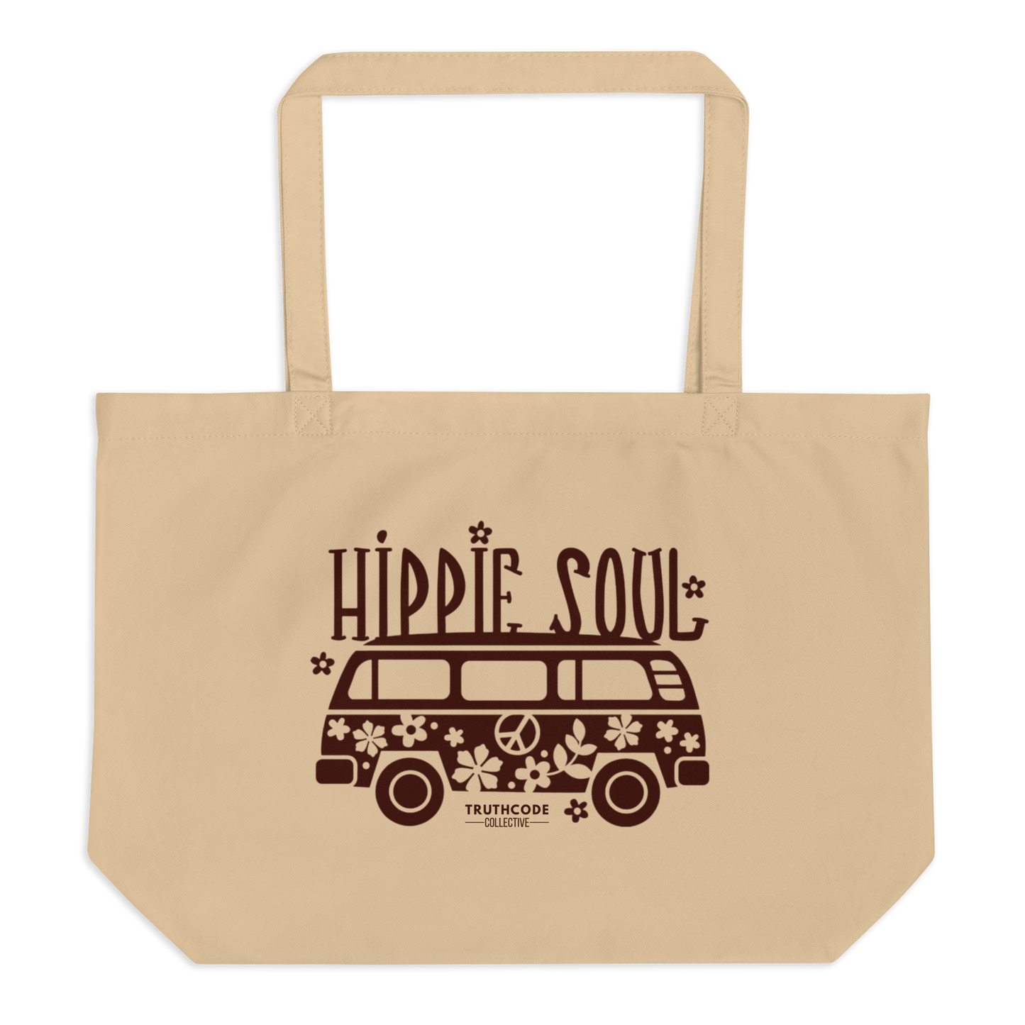 Beige organic tote bag with 'Hippie Soul' design featuring a van and flowers on a white background