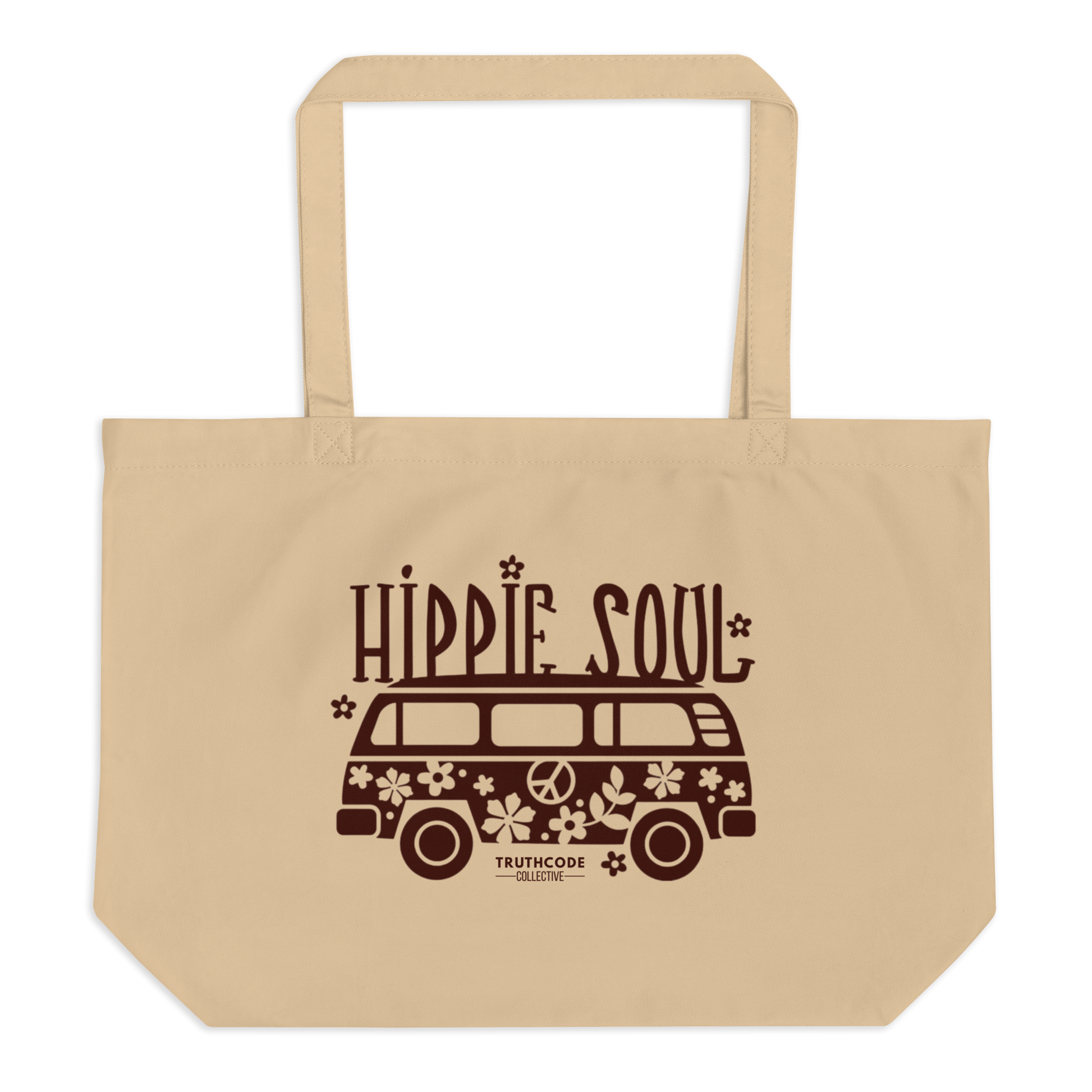 Beige organic tote bag with 'Hippie Soul' design featuring a van and flowers on a white background