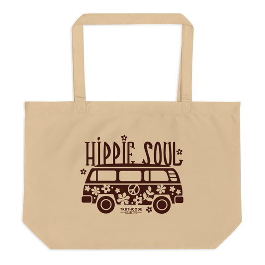 Beige organic tote bag with 'Hippie Soul' design featuring a van and flowers on a white background