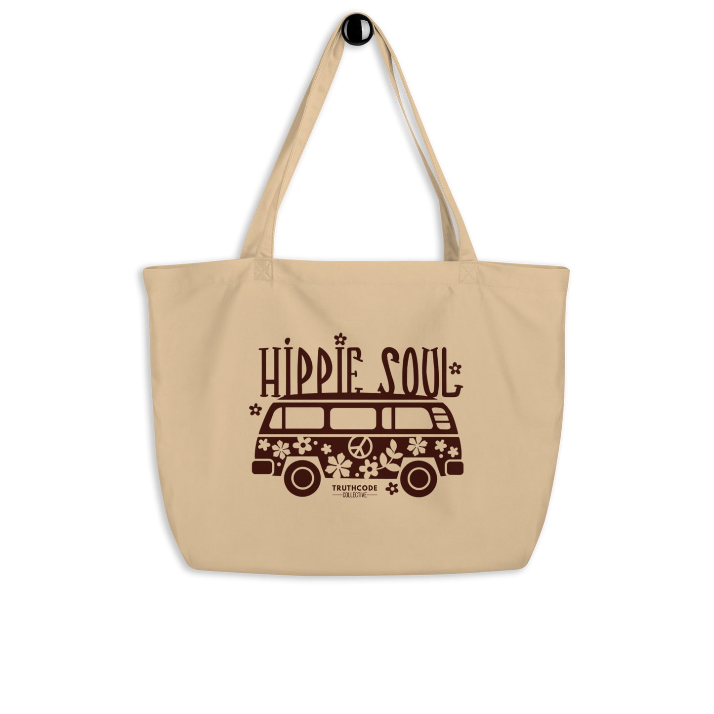 Beige organic tote bag with 'Hippie Soul' design featuring a van and text on a white background