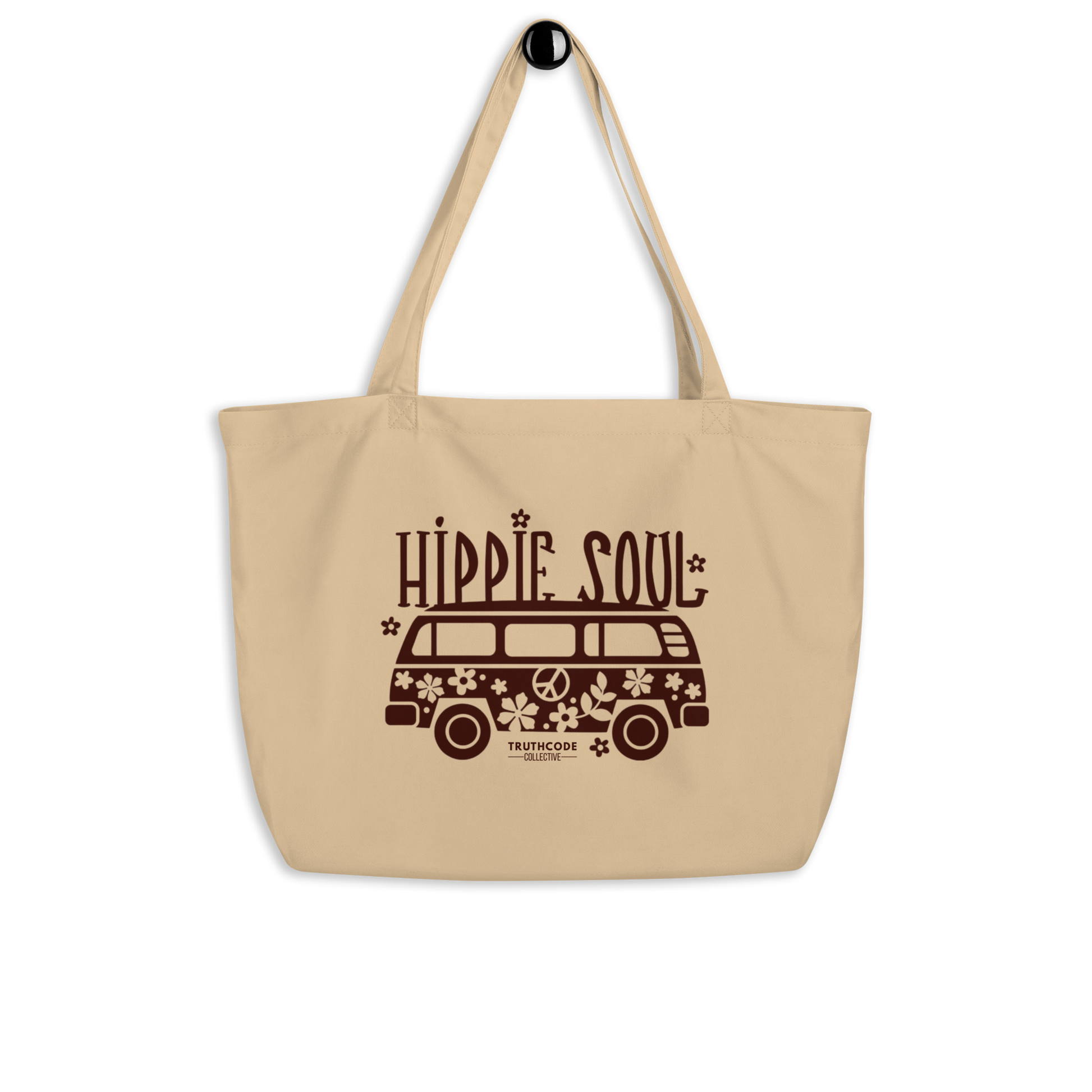 Beige organic tote bag with 'Hippie Soul' design featuring a van and text on a white background