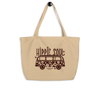 Beige organic tote bag with 'Hippie Soul' design featuring a van and text on a white background