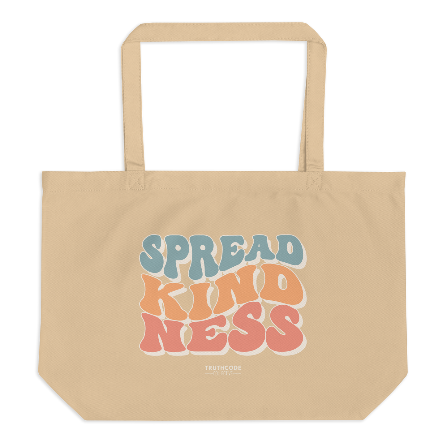 Beige organic tote bag with 'Spread Kindness' text in colorful letters on a white background