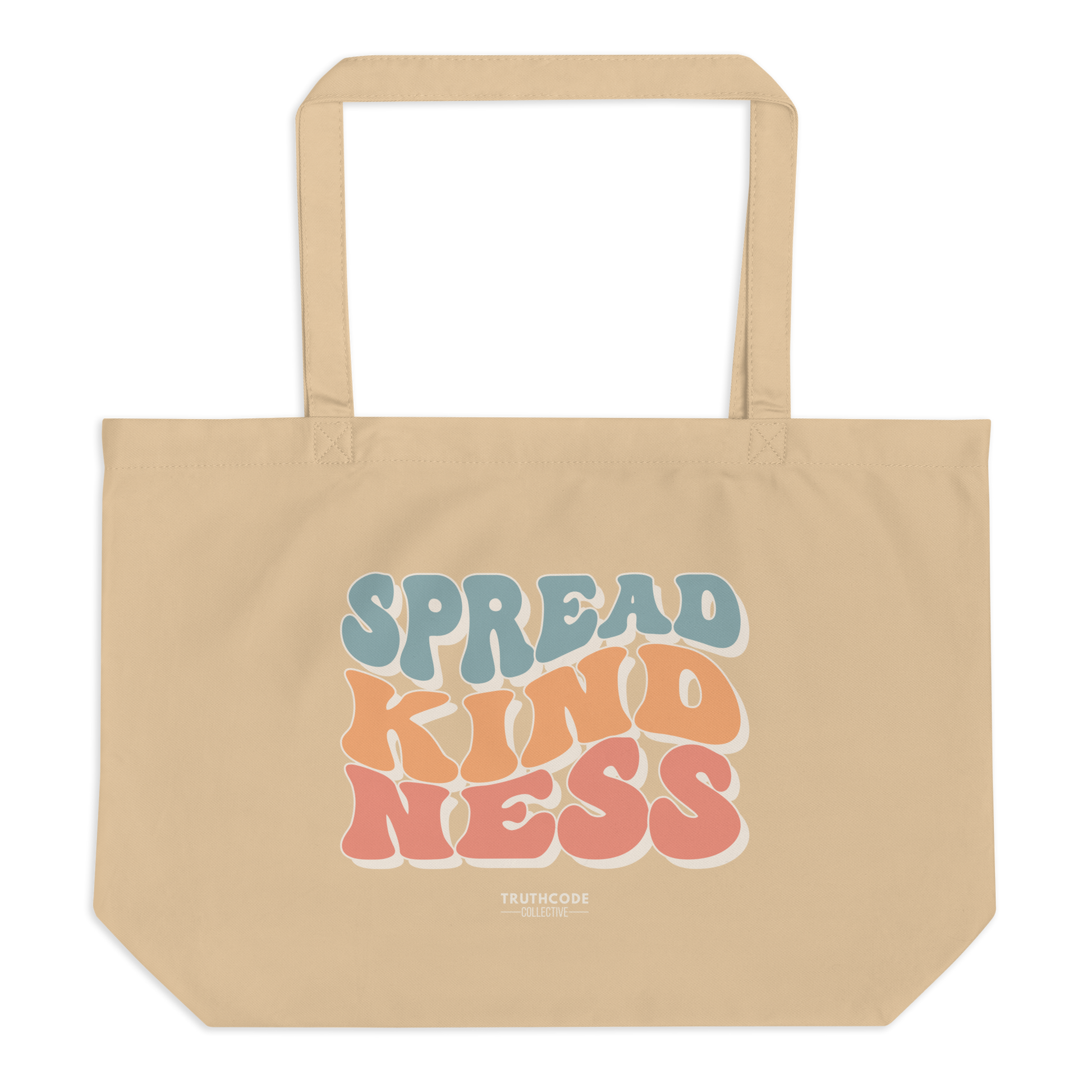 Beige organic tote bag with 'Spread Kindness' text in colorful letters on a white background