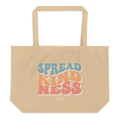 Beige organic tote bag with 'Spread Kindness' text in colorful letters on a white background
