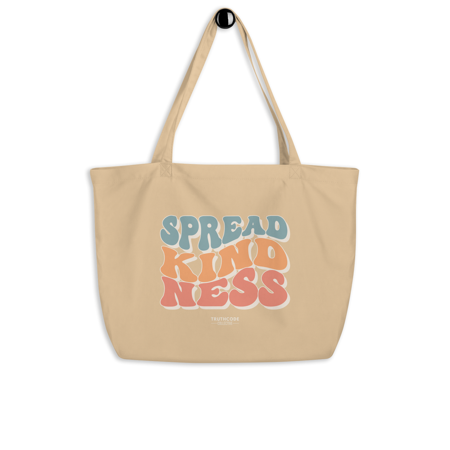Beige organic tote bag with 'Spread Kindness' text on a white background
