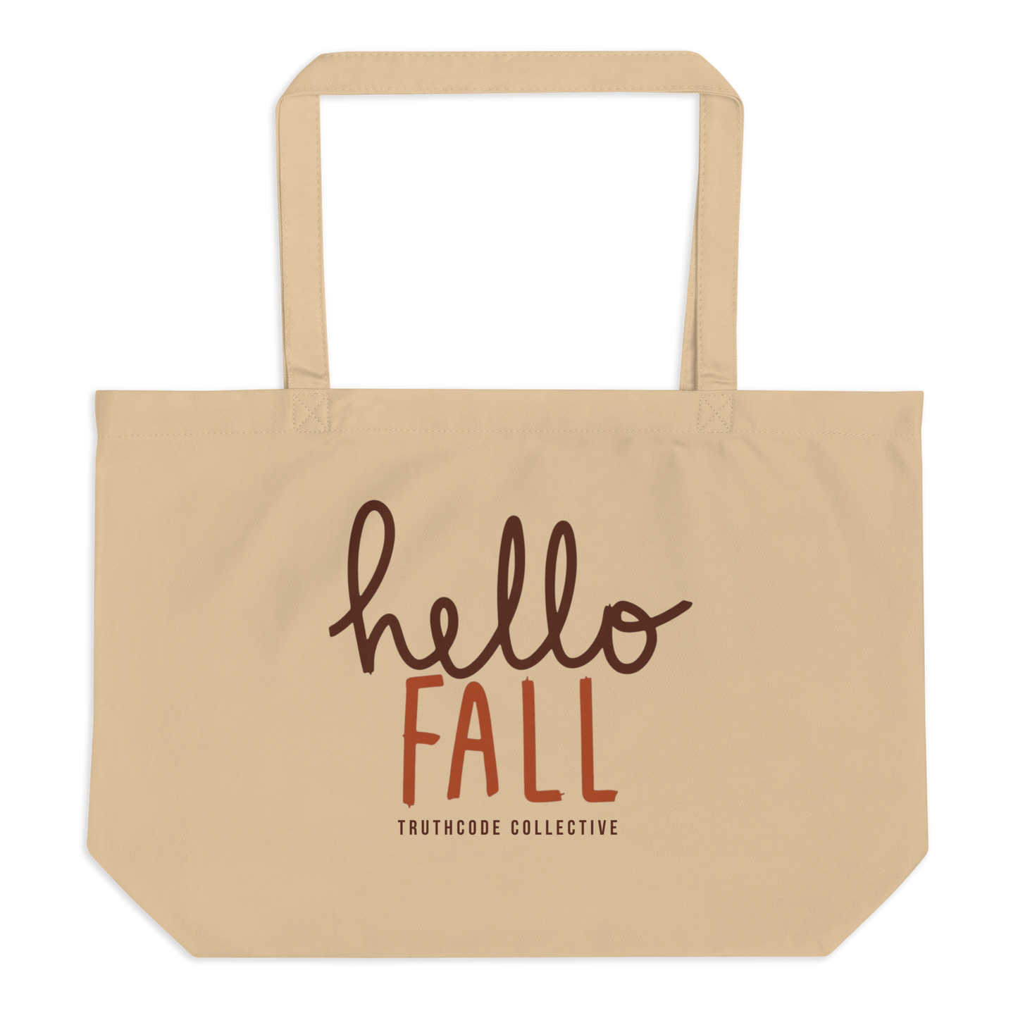 Beige organic tote bag with 'hello FALL' text and Truthcode Collective logo on a white background