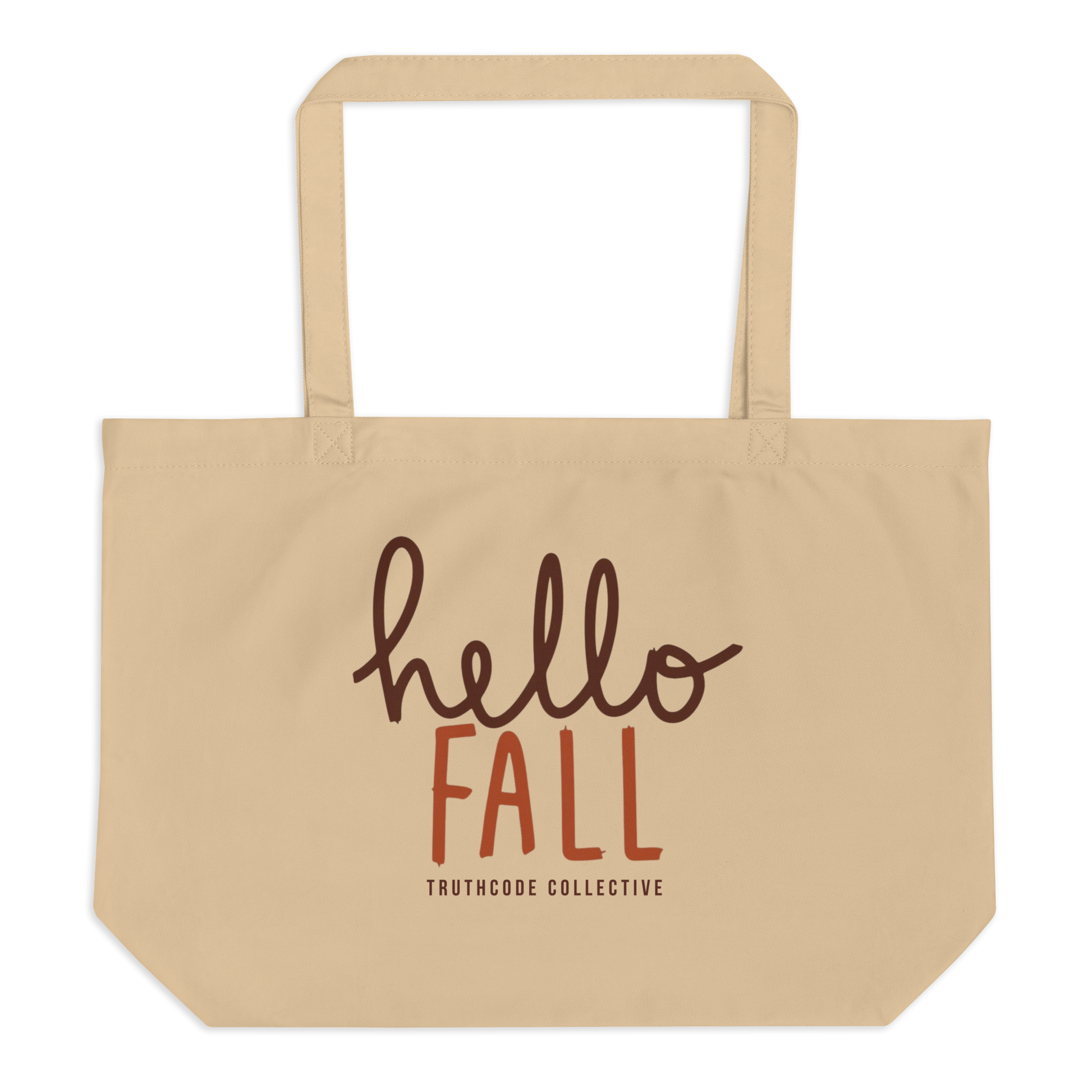 Beige organic tote bag with 'hello FALL' text and Truthcode Collective logo on a white background