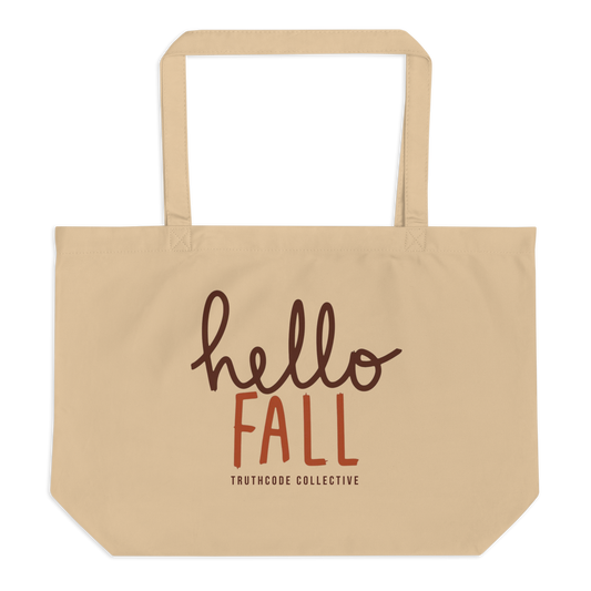Beige organic tote bag with 'hello FALL' text and Truthcode Collective logo on a white background