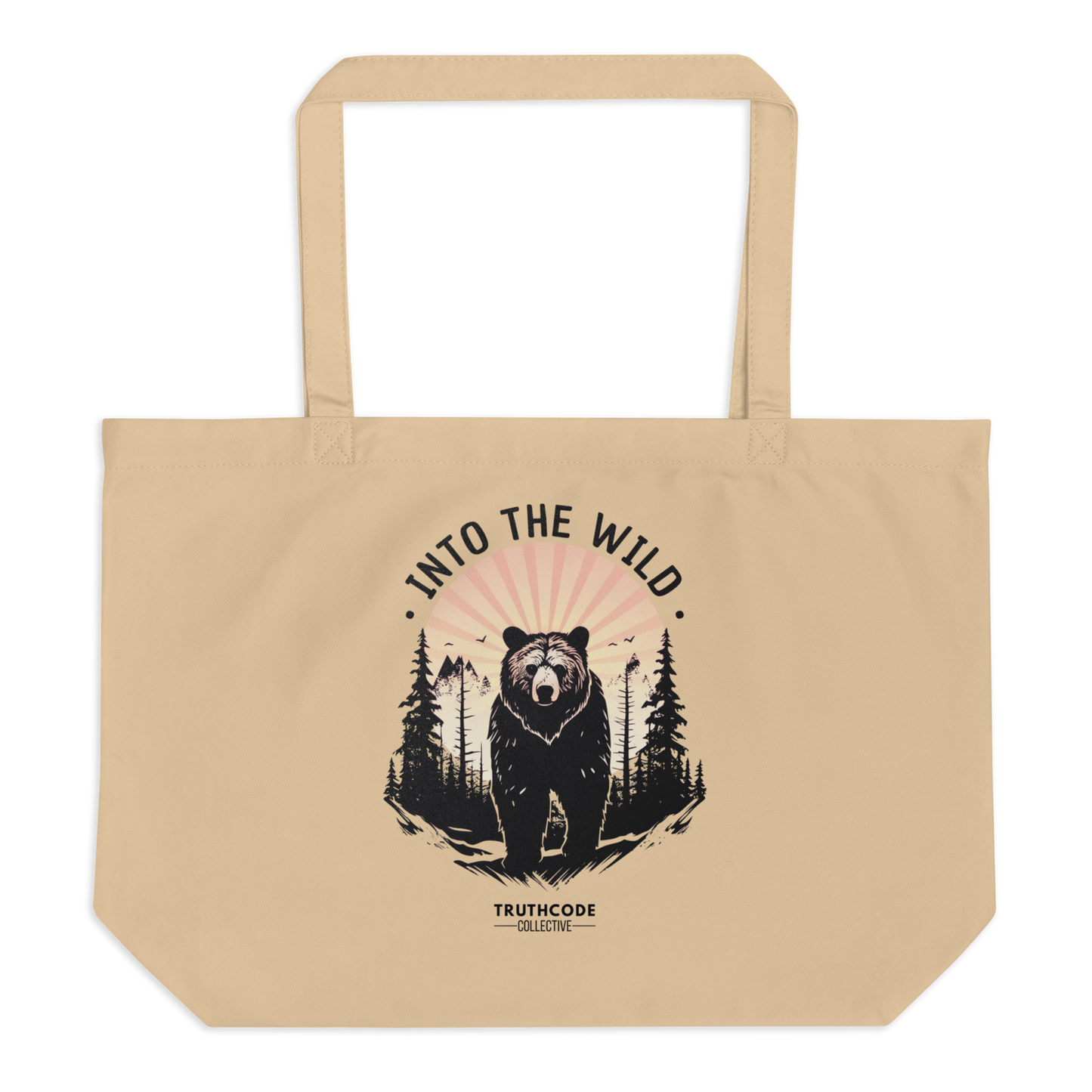 Beige organic tote bag with bear graphic and 'Into the Wild' text on a white background
