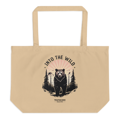 Beige organic tote bag with bear graphic and 'Into the Wild' text on a white background
