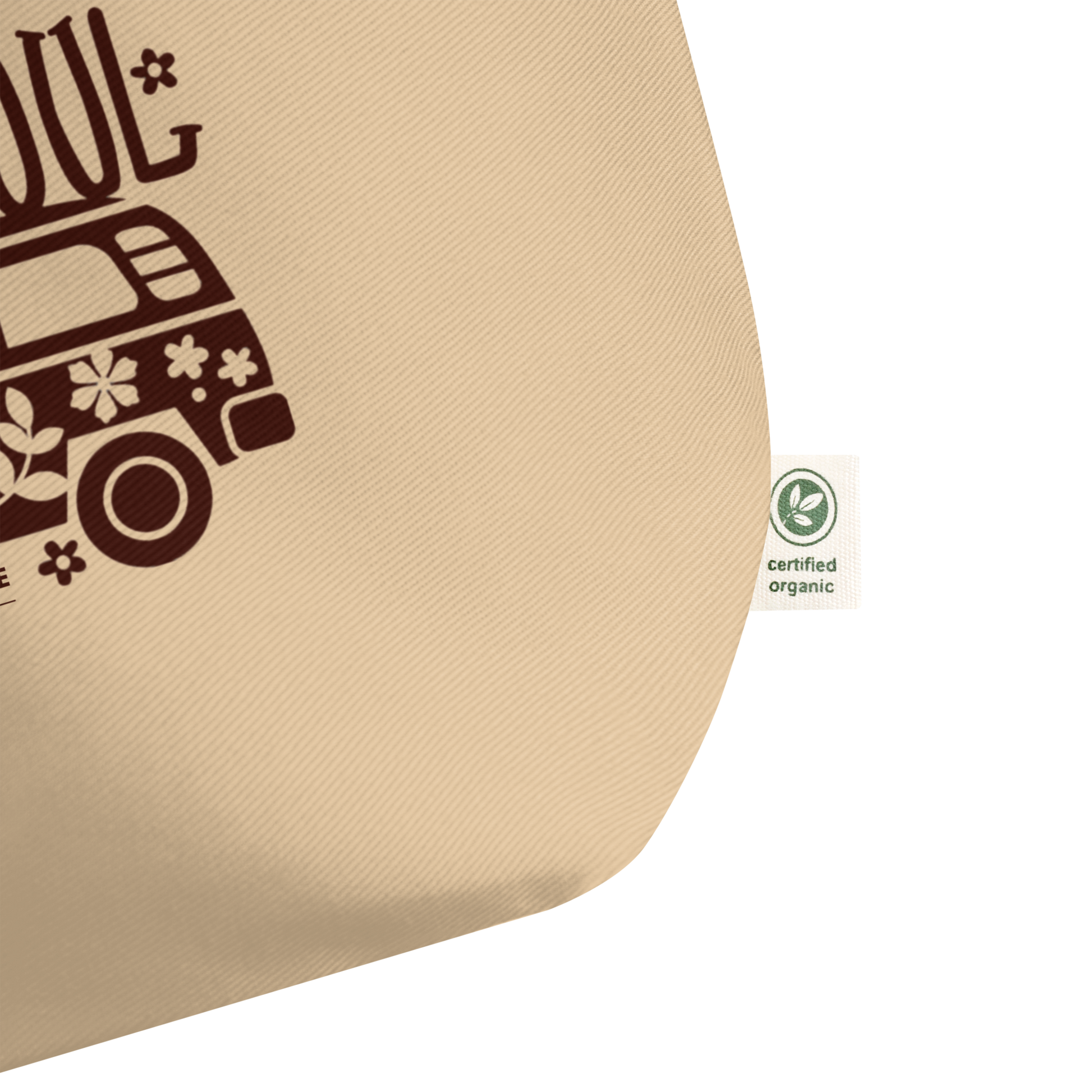 Beige organic tote with brown graphic and certified organic label on a white background