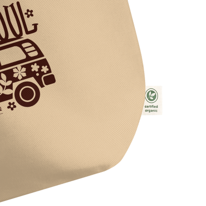 Beige organic tote with brown graphic and certified organic label on a white background