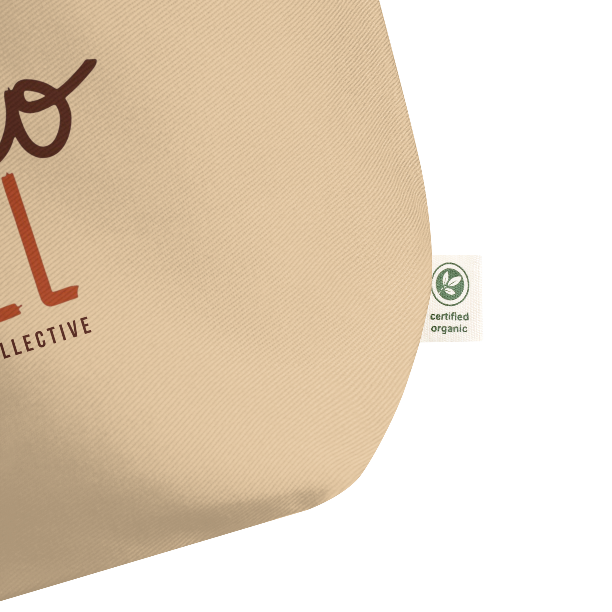 Close up pic of beige totes showing  a certified organic label on a white background