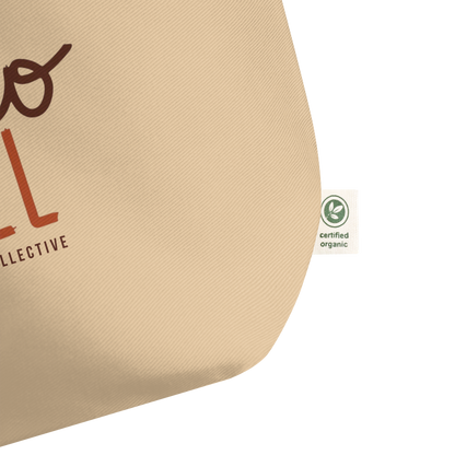 Close up pic of beige totes showing  a certified organic label on a white background