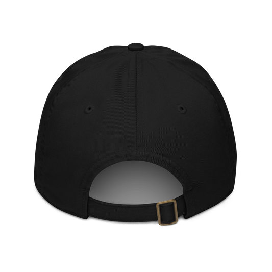 The back of a black cap showing adjustable strap