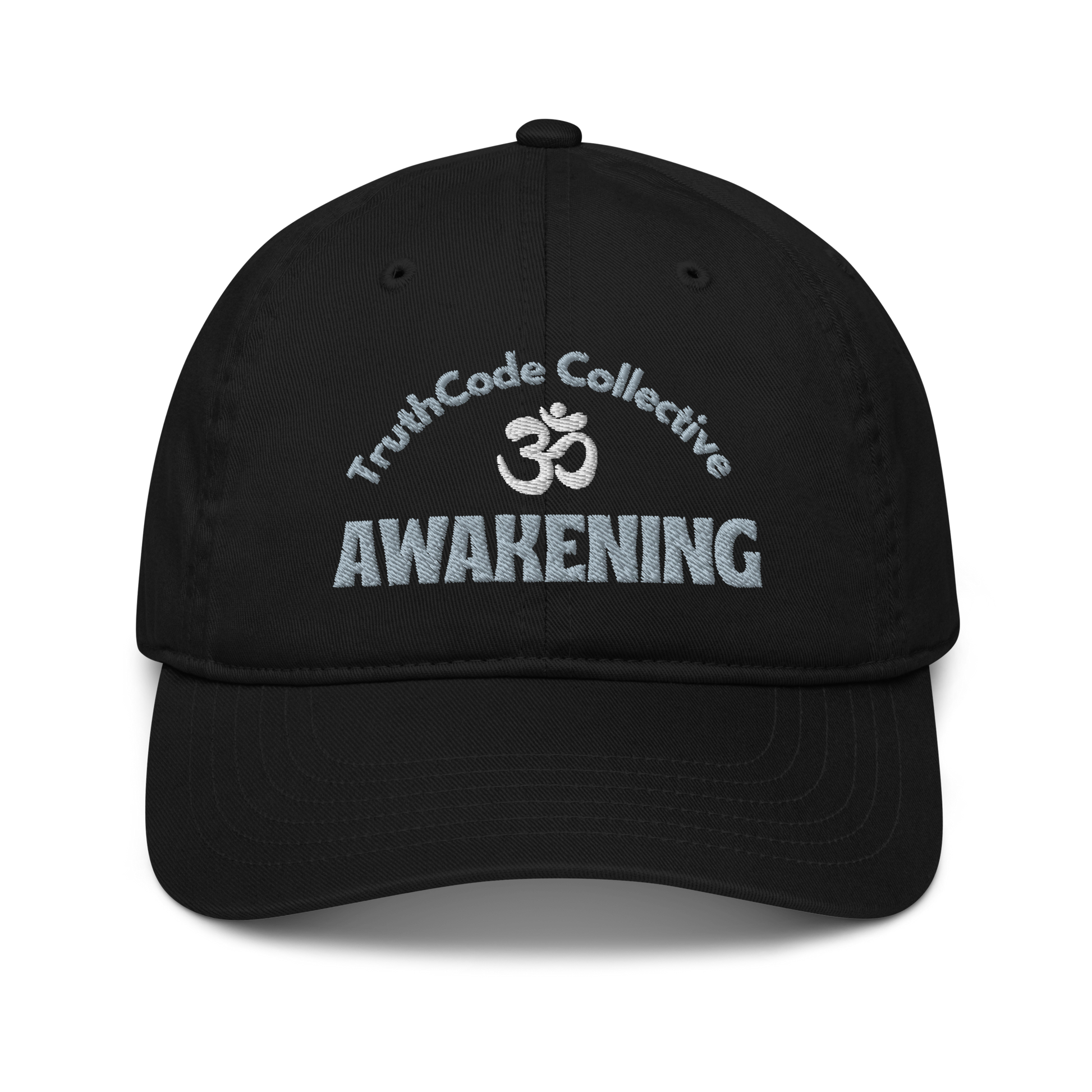 Black cap with 'TruthCode Collective Awakening' text and Om symbol embroidered 