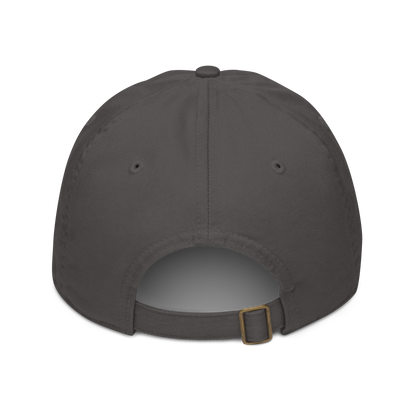 Back of dark gray baseball cap showing adjustable strap.