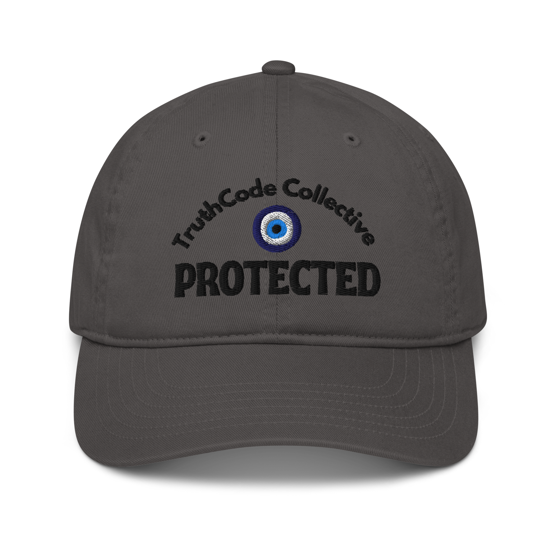 Gray cap with 'TruthCode Collective PROTECTED' text and eye symbol all embroidered
