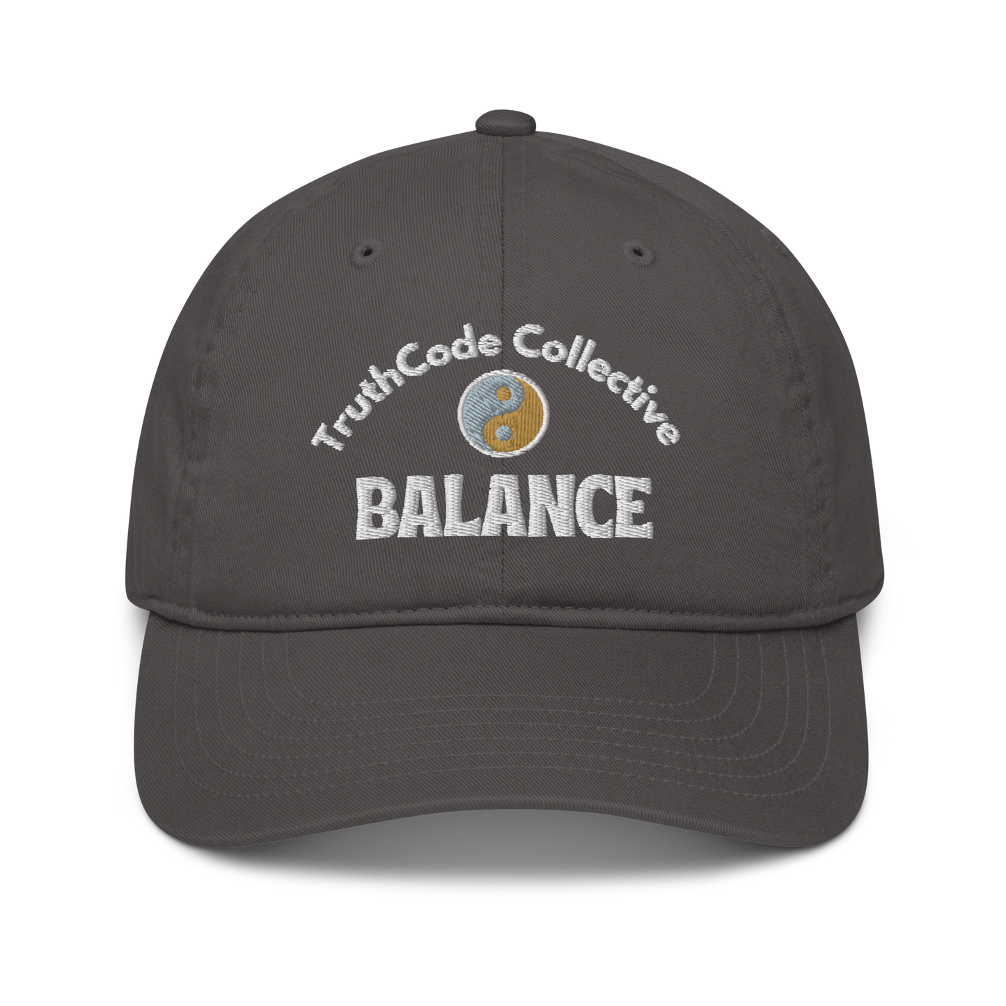 Dark gray cap with 'TruthCode Collective' and 'Balance' text with yin yang design, on a white background