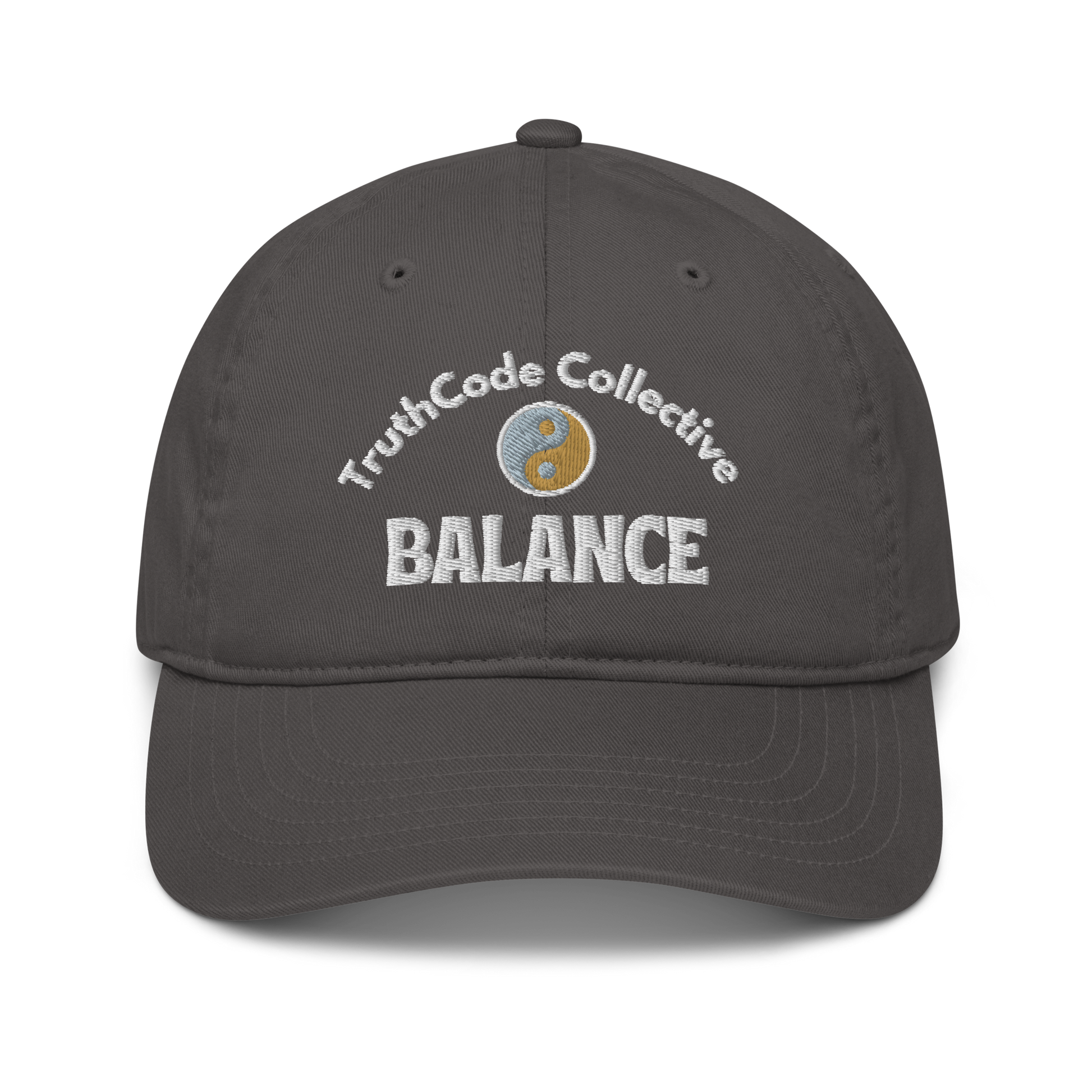 Dark gray cap with 'TruthCode Collective' and 'Balance' text with yin yang design, on a white background
