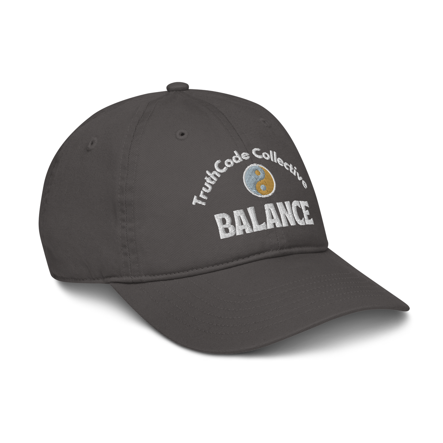 Dark gray cap with 'TruthCode Collective' and 'Balance' text with yin yang design, on a white background
