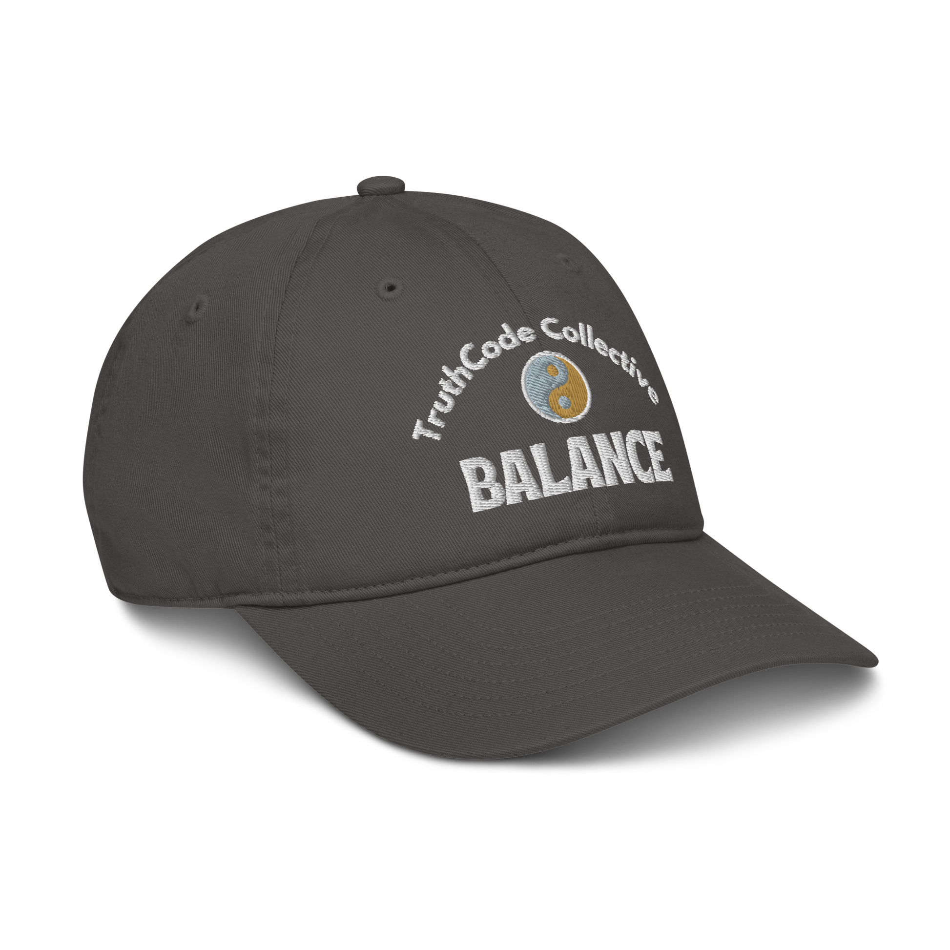 Dark gray cap with 'TruthCode Collective' and 'Balance' text with yin yang design, on a white background