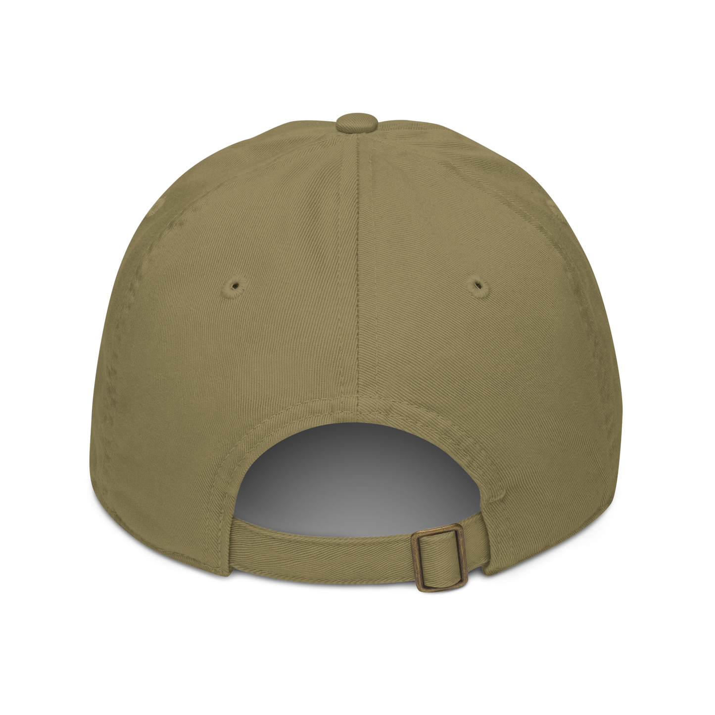 The back of an olive green cap showing adjustable strap