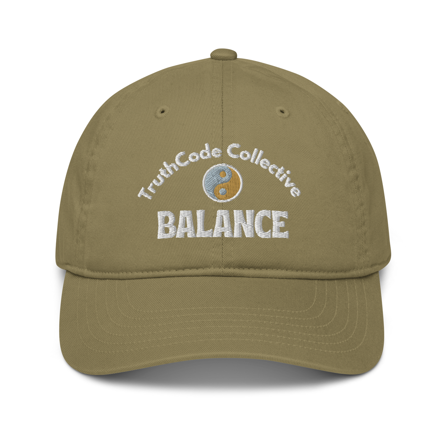 Olive green cap with 'TruthCode Collective Balance' text and yin yang logo embroidered