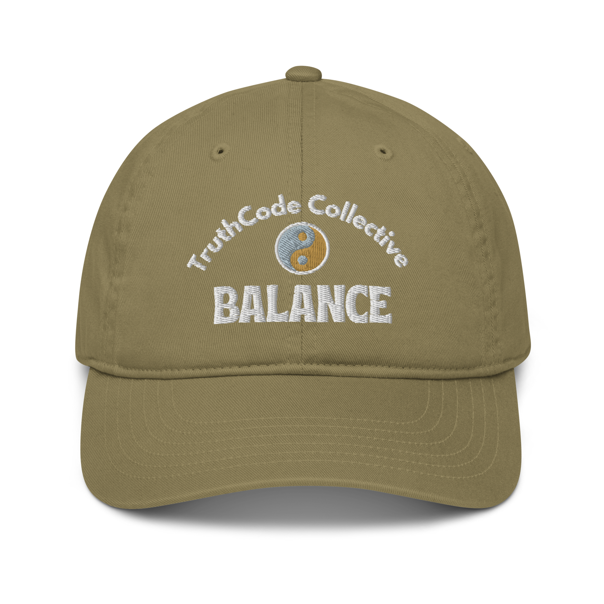 Olive green cap with 'TruthCode Collective Balance' text and yin yang logo embroidered