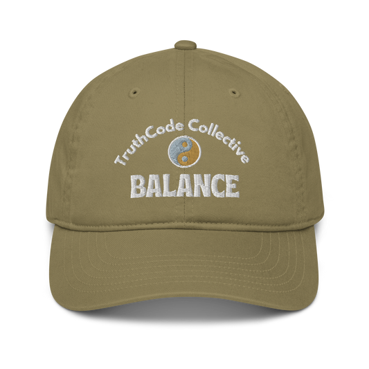 Olive green cap with 'TruthCode Collective Balance' text and yin yang logo embroidered