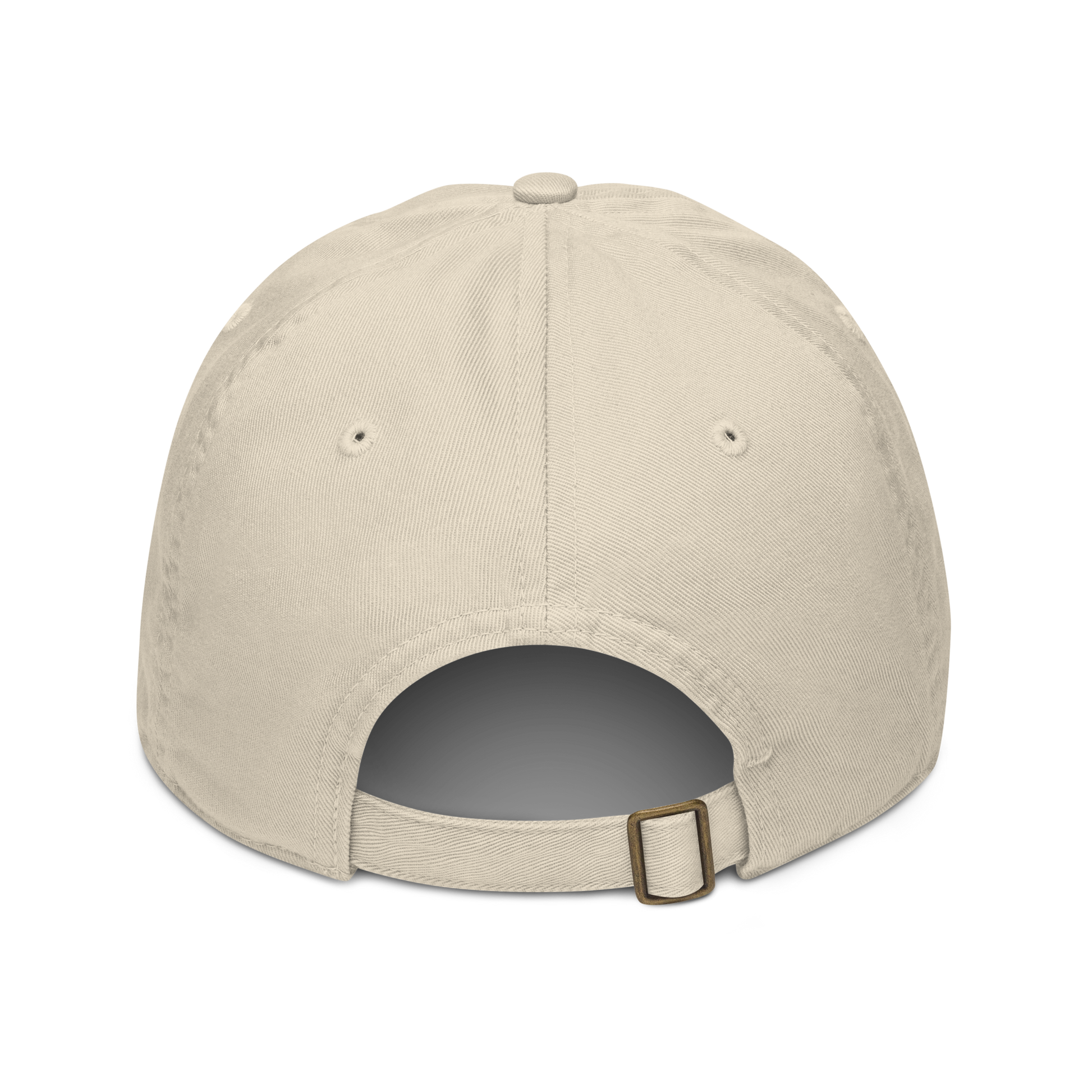 The back of a beige cap showing adjustable strap