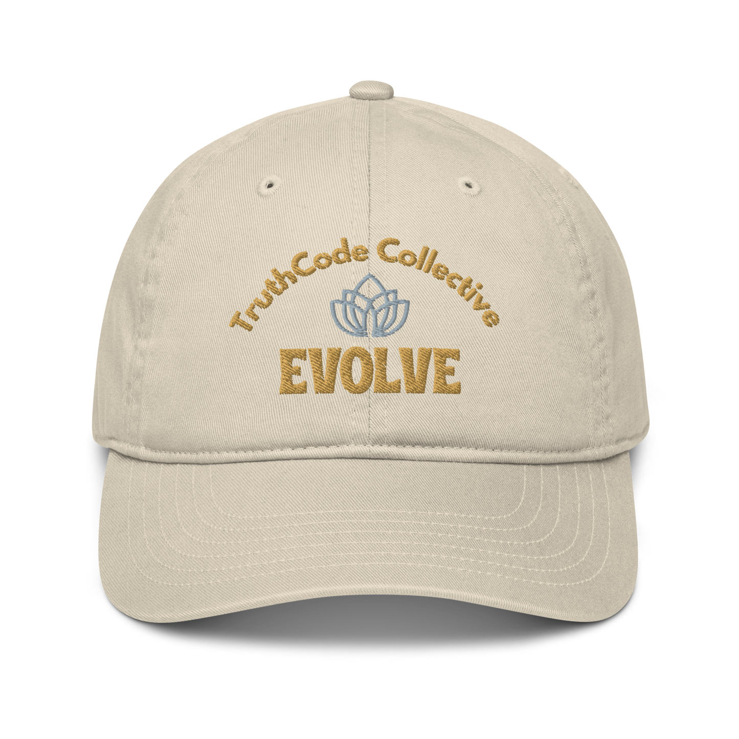 Beige cap with embroidered lotus logo and text 'Truthcode collective evolve'